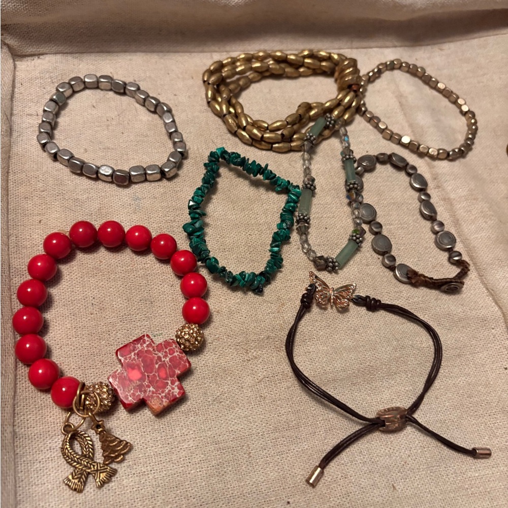 Vintage Gemstone Gold Silver Tone Beaded 8P Agate Fossil Bracelet Set Lot